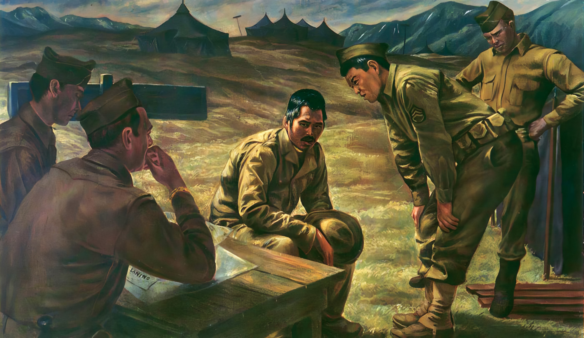 Many Nisei were invaluable as interpreters and interrogators in the Pacific. Here in an Army painting a Japanese American questions a captured Japanese soldier in the Aleutians in 1943. 