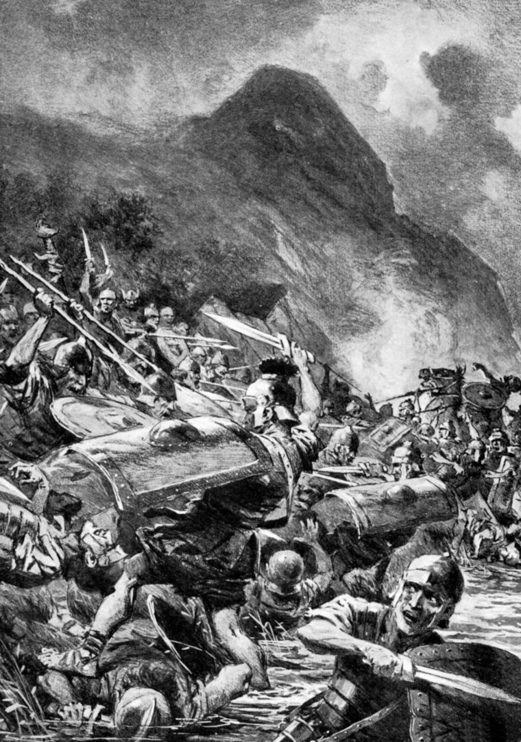 Hannibal’s troops drive the Romans into the waters of Lake Trasimene. Six thousand Romans managed to fight their way out of the trap, but as many as 34,000 Romans became casualties in the uneven battle. 
