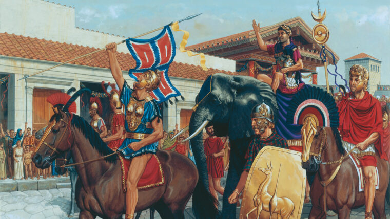 Carthaginian general Hannibal Barca enters an Italian village following a victory over the Romans in a contemporary painting by Peter Connolly. Hannibal invaded the Italian peninsula in 218 bc to keep the war away from Carthage and put the burden of sustaining the fight on his enemy’s lands.