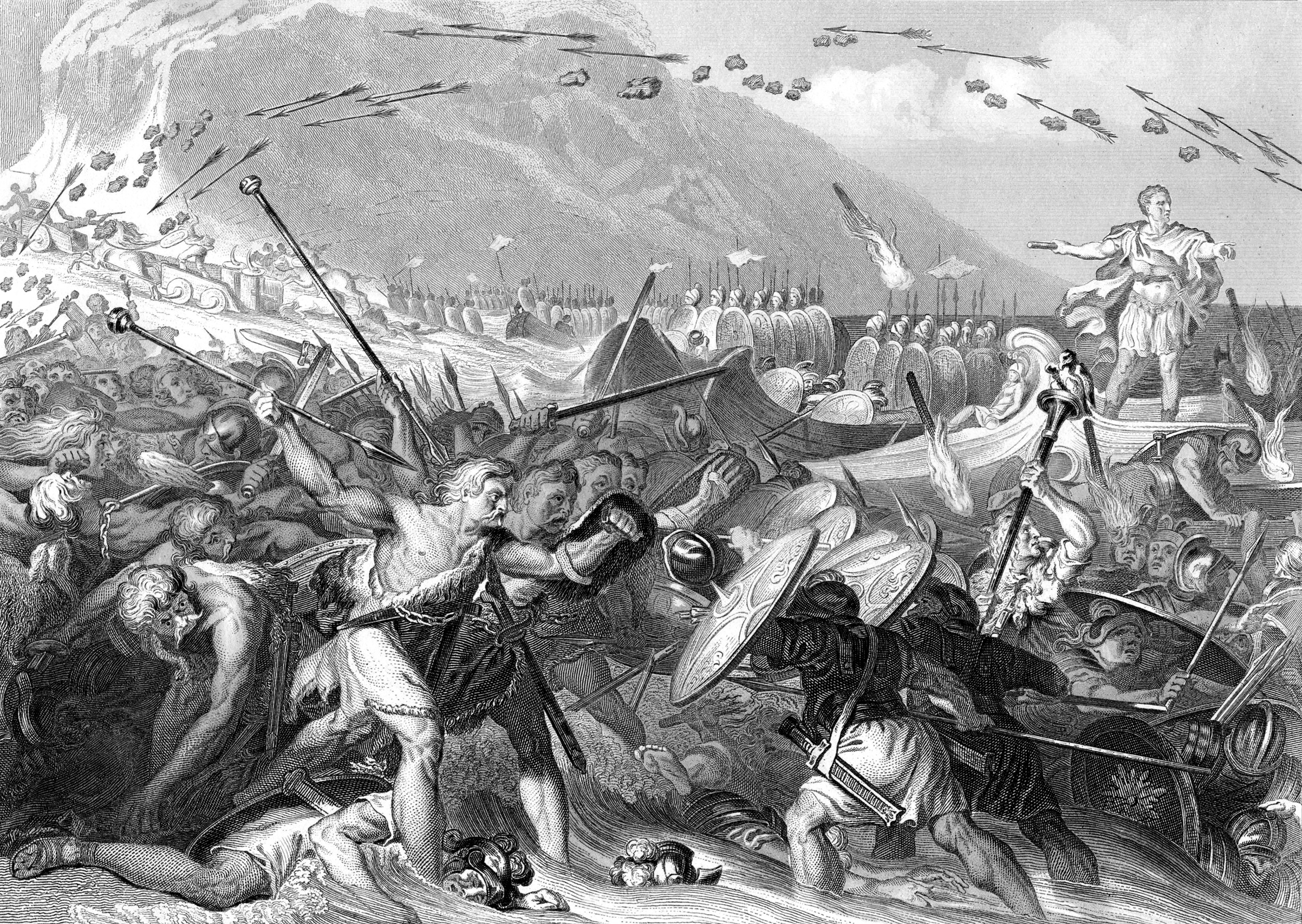 Caesar’s Roman legionaries storm the shores of Britain during their initial attempt to establish a beachhead.