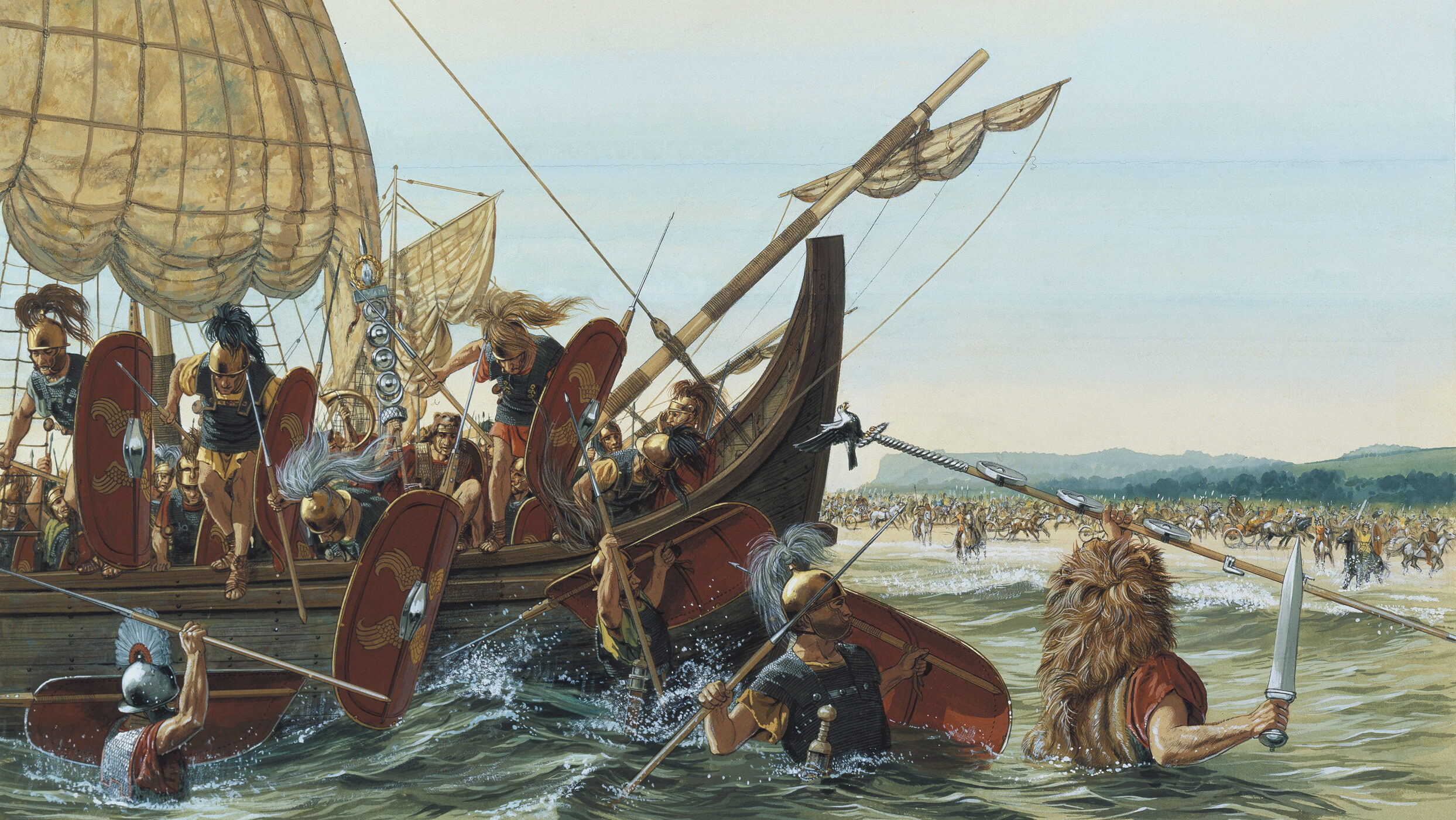 Roman legionaries clamber out of galleys and wade toward the battle on the English shore.