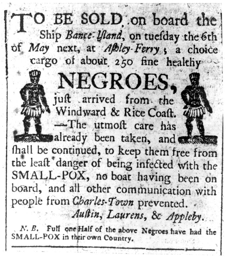 Newspaper advertisement from the late 18th century for the sale of slaves near Charleston, South Carolina.