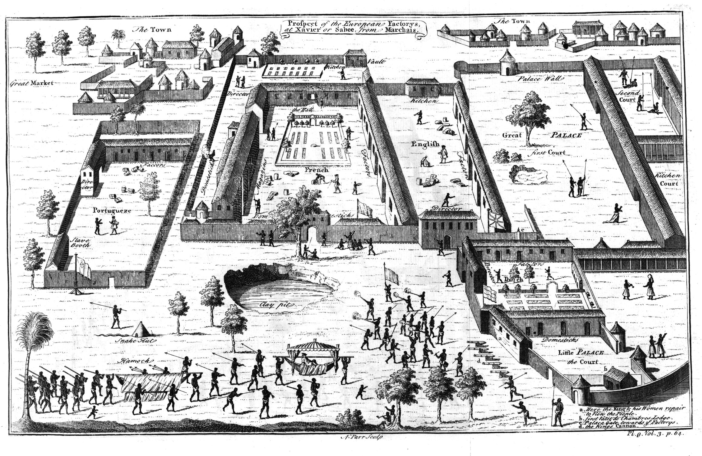 A 1746 illustration of an elaborate compound on the Gulf of Guinea, now part of Nigeria, created by traders for holding and shipping slaves to the New World.
