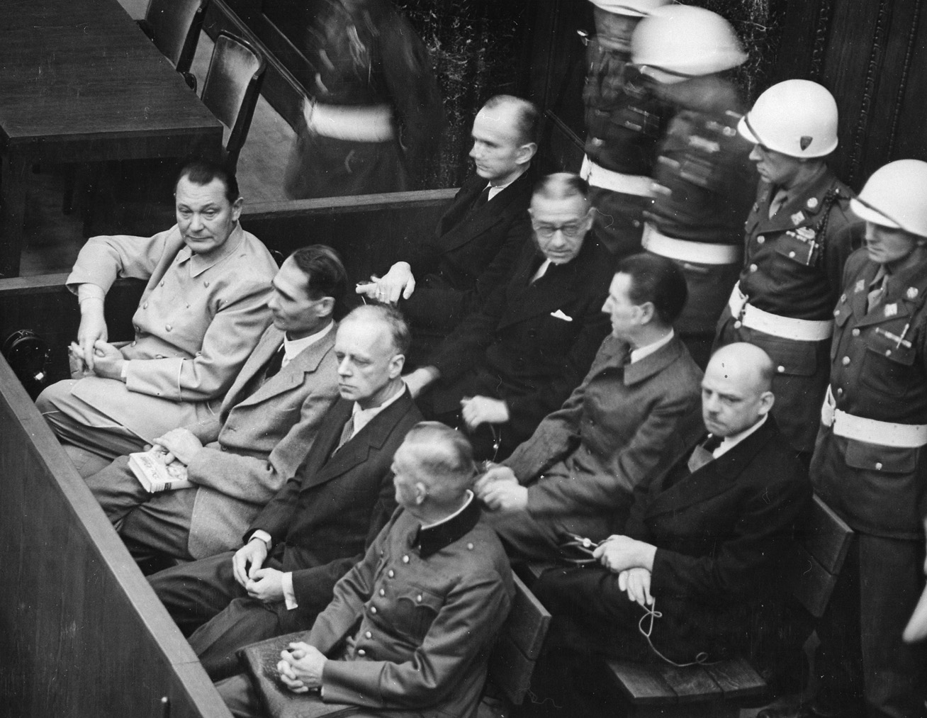 Hess, seated second from left next to Reichsmarschal Hermann Göring, is shown at the Nuremberg Trials. He was sentenced to life in prison in 1946.