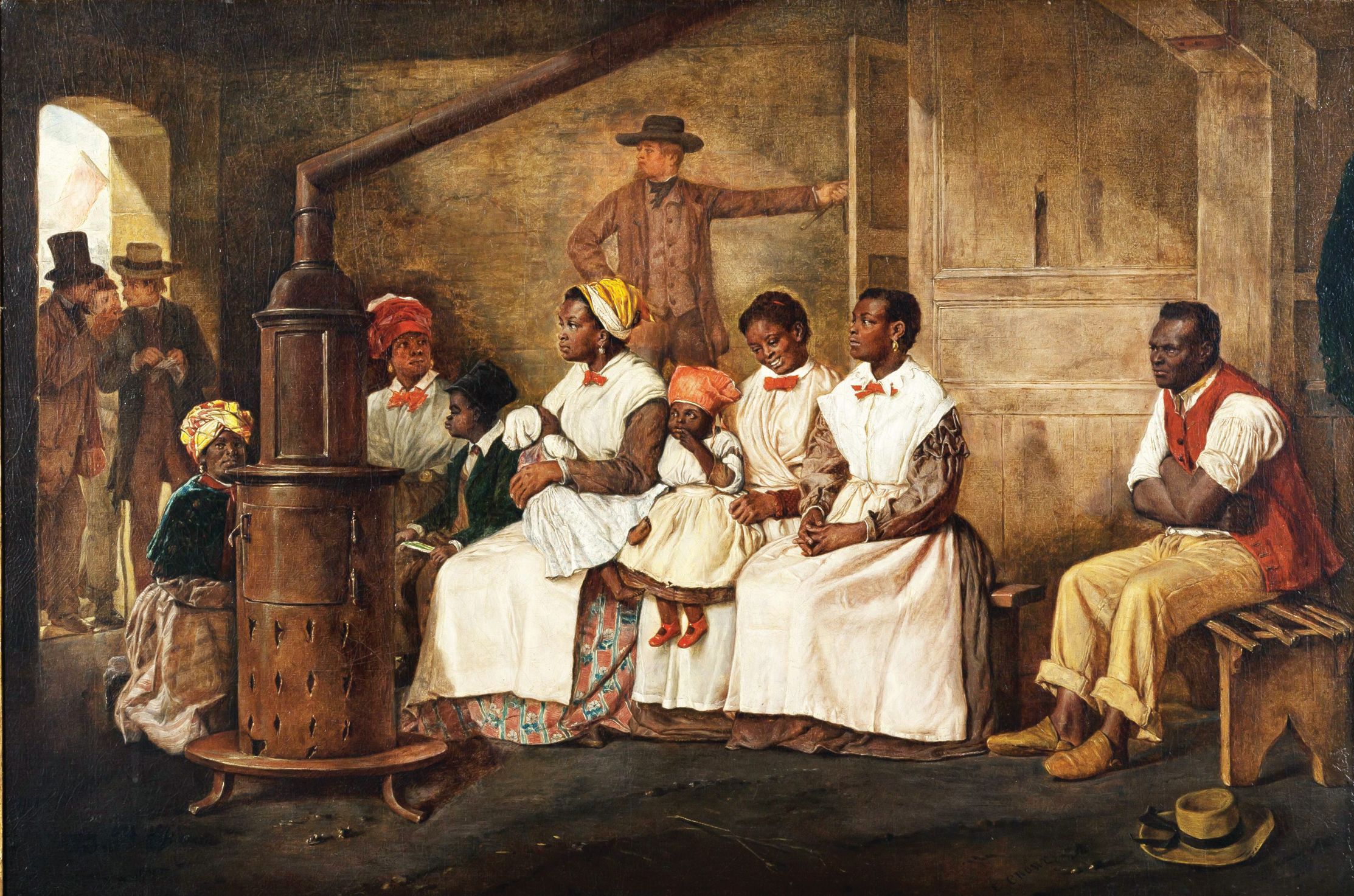 British artist Eyre Crowe’s 1853 painting, Slaves Waiting for Sale, challenged conventional boundaries by depicting African Americans realistically and sympathetically.