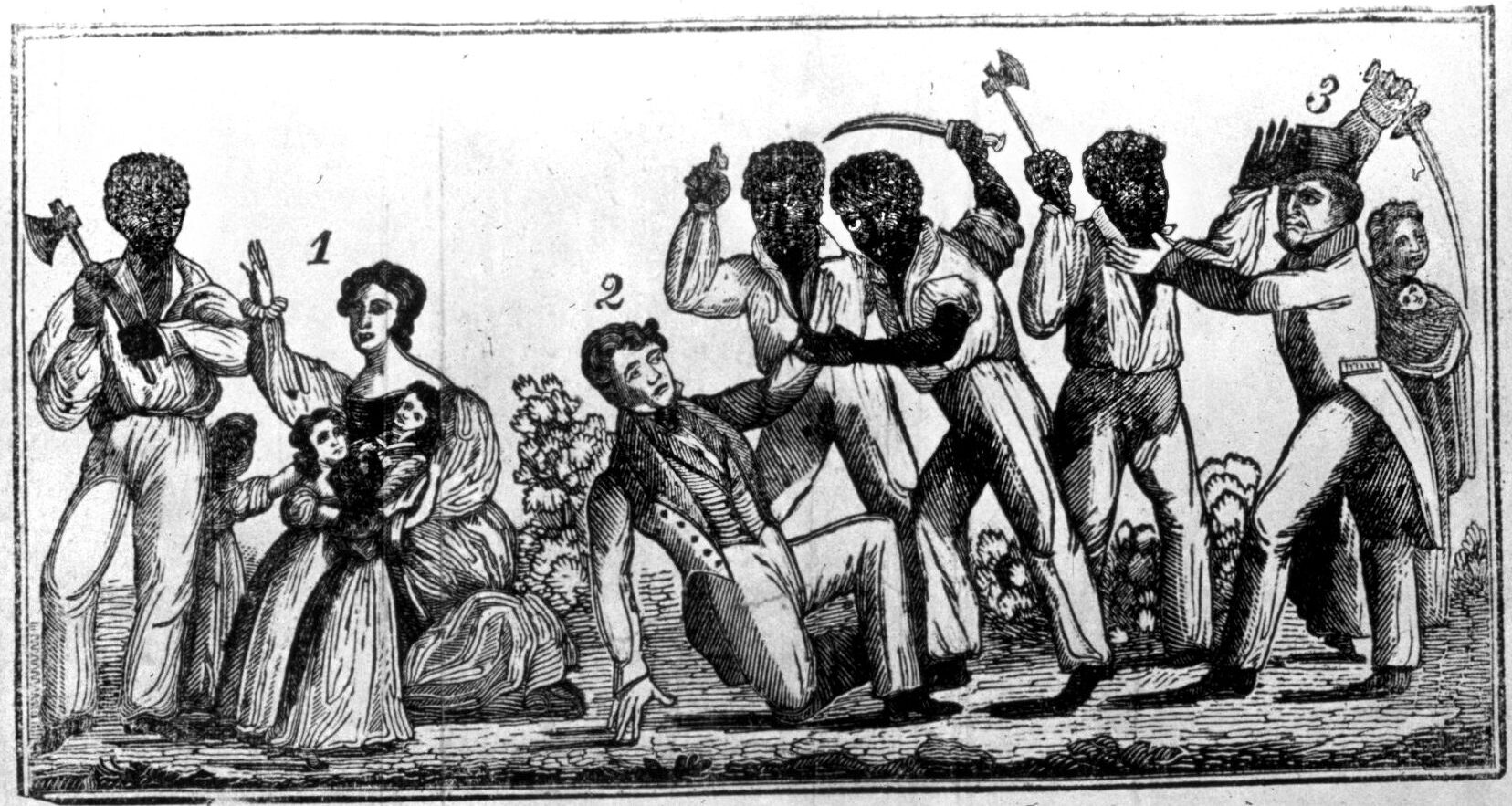 A period engraving of scenes from the Nat Turner uprising. 1. A mother defending her baby. 2. The murder of Mr. Travis. 3. Mr. Barrow defending himself as his wife escapes.