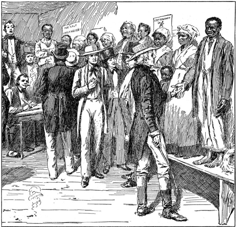 Period engraving of a slave auction in New Orleans. The slaves are mounted on a raised platform for easier viewing by prospective buyers.
