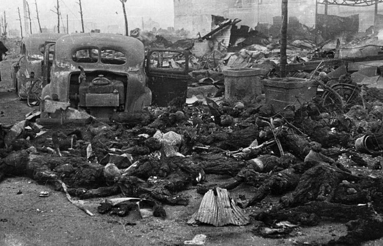 Piles of charred corpses fill a Tokyo street after the March 9-10 raid. The number of dead is estimated to have been as high as 200,000, but the actual figure may never be known.