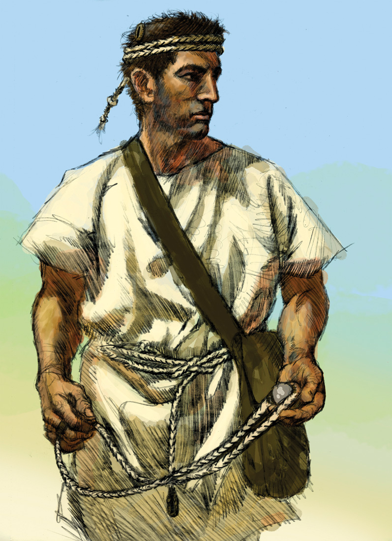 A Balearic slinger wears a spare sling as a headband and carries a bag of missiles at his side in a modern illustration by Johnny Shumate. The Balearic slingers played a key role as skirmishers for the Carthaginian armies during the Punic Wars. 