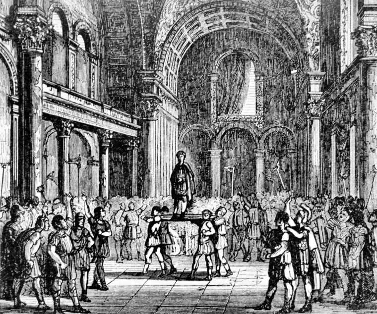 A 19th-century depiction of Julian being proclaimed emperor by his troops in February 360 at the magnificent thermal baths in Paris.