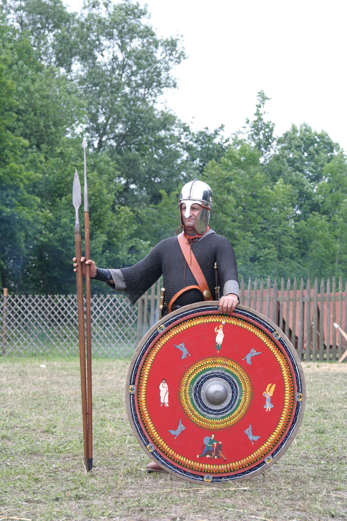 A reenactor outfitted as a legionnaire of the Late Roman Army. 
