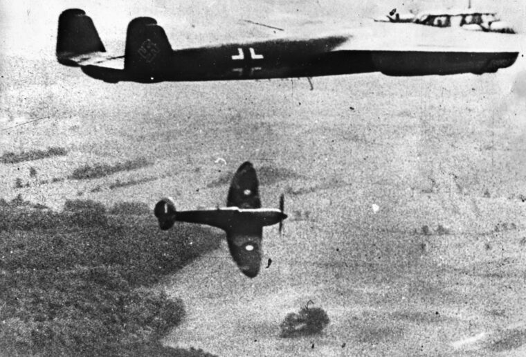 A Spitfire “Supermarine” takes on a German Dornier Do-17 in the skies over England, December 1940. With the RAF getting most of the credit for preventing a German invasion, the role of the Royal Navy has been overlooked. 