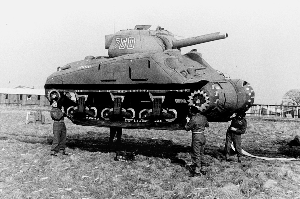 An inflatable Sherman tank belonging to the nonexistent Army Group Patton in southeastern England. Garbo told the Germans of the existence of deep formations of Allied planes, tanks, and ships ready to sail to Pas de Calais.