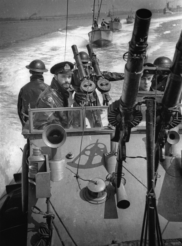 To warn of possible German invasion, Royal Navy motor torpedo boats patrol the English Channel, 1940.