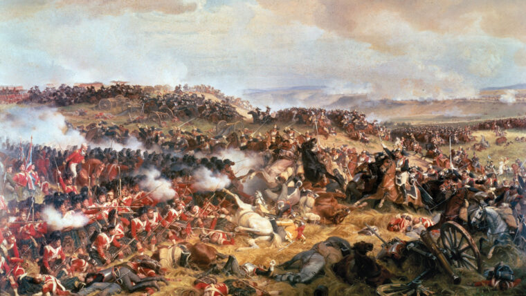 French cuirassiers charge against a British square in a painting by 19th-century artist Felix Philippoteaux that exaggerates the steepness of the hills. Field Marshal Wellington’s artillery pounded the advancing French cavalry, greatly weakening its strength.