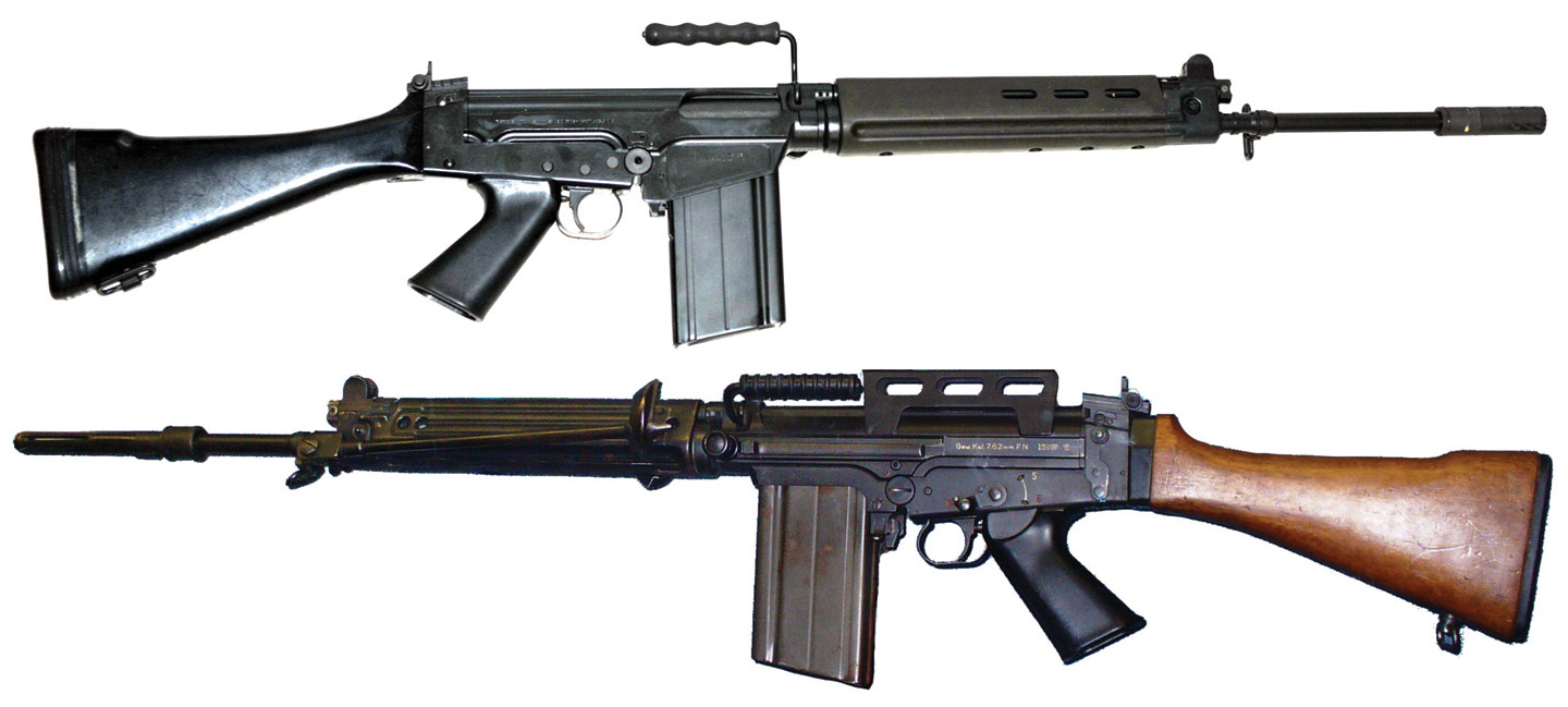The standard, gas-operated FAL weighs 9.5 pounds, has a 21-inch barrel, and holds 20 rounds. It is made with both wood and plastic stocks, and can be fitted with scopes, bayonets, grenade launchers, and night vision devices.