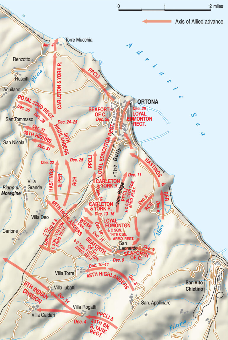 The map shows the date of various attacks by Canadian units as they fought to capture Ortona. Fighting was especially severe along a strong German defensive position about one mile south of the city known as “The Gully.”