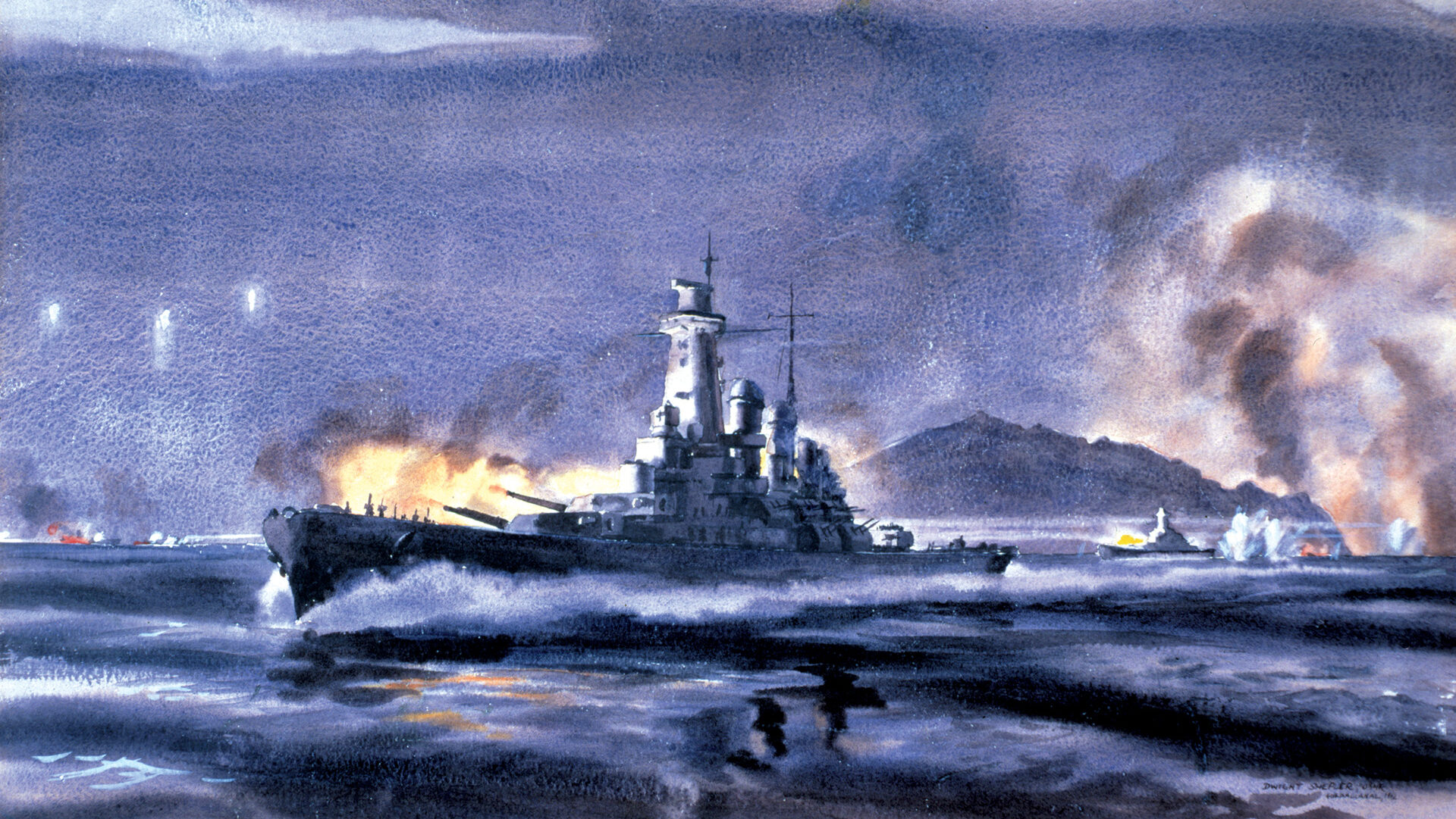 U.S. warships fire salvos during the Battle of Savo Island, a night action near Guadalcanal in which four Allied cruisers were lost.