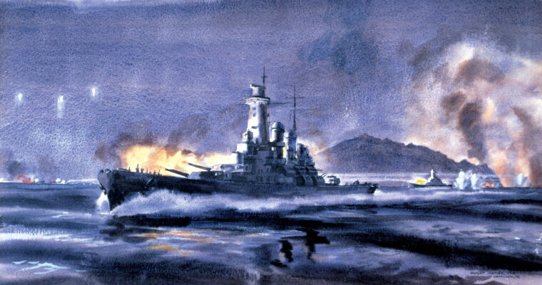 U.S. warships fire salvos during the Battle of Savo Island, a night action near Guadalcanal in which four Allied cruisers were lost.