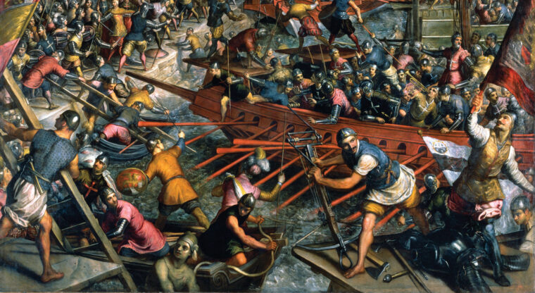 Turks storm Constantinople from the water side in this encompassing, if fanciful, 16th-century rendering by Tintoretto. The besieged were greatly outnumbered and fought with determination.