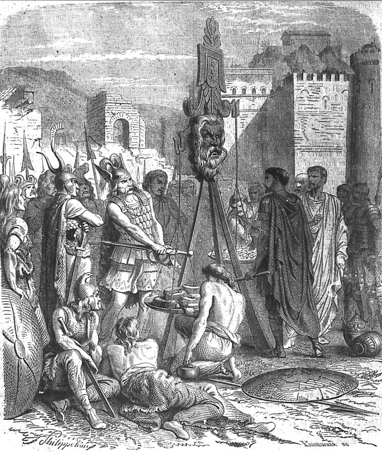 Gallic chief Brennus adds his own sword to the weights used to measure the gold Romans must pay in ransom and adds, “Woe to the vanquished.”