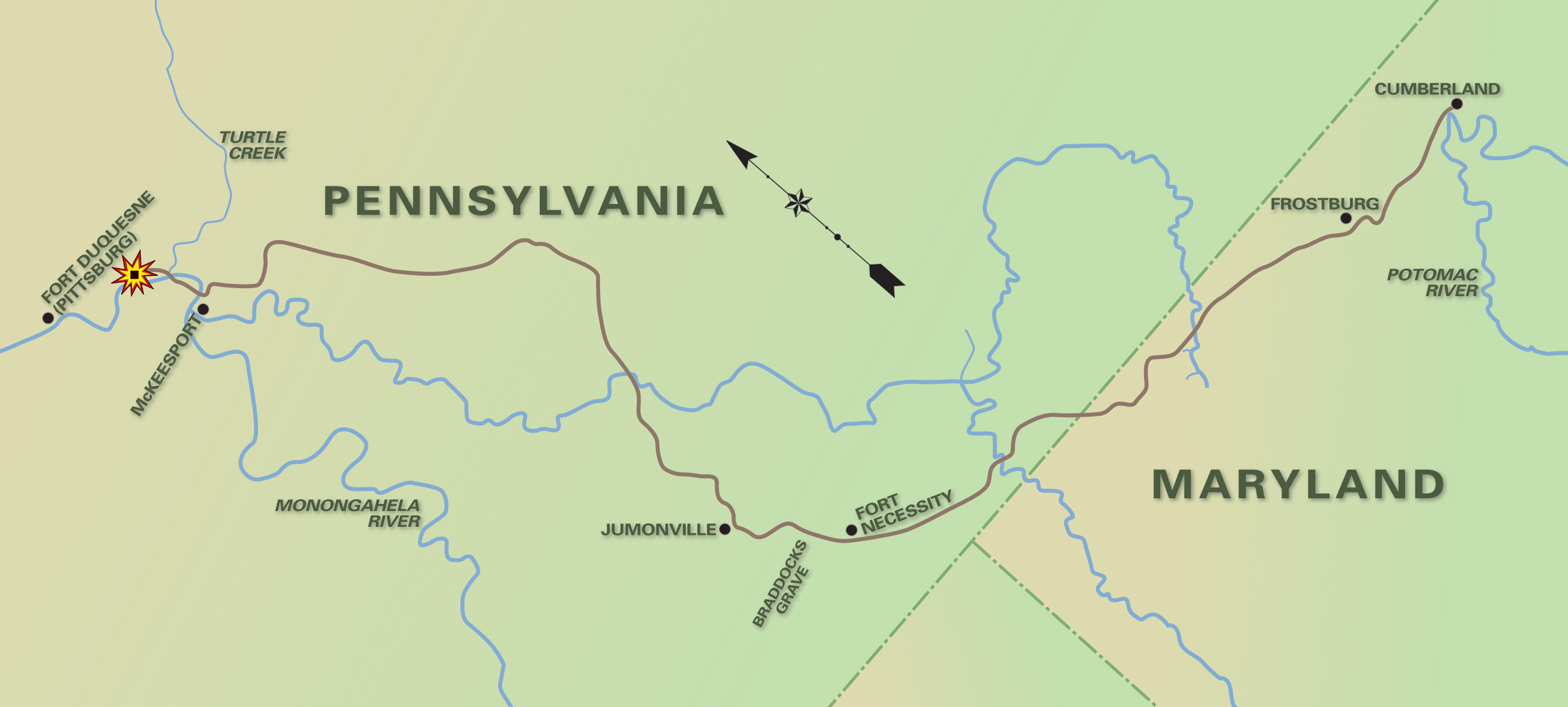 Braddock’s campaign was nothing if not deliberate and methodical.  It cut its way through a heavily forested wilderness over steep ridges and across countless waterways.  Its course is traceable today, beginning with U. S. 40 out of Cumberland, still rising and falling along the rugged and wooded hills. Braddock’s grave lies within sight of the road. 