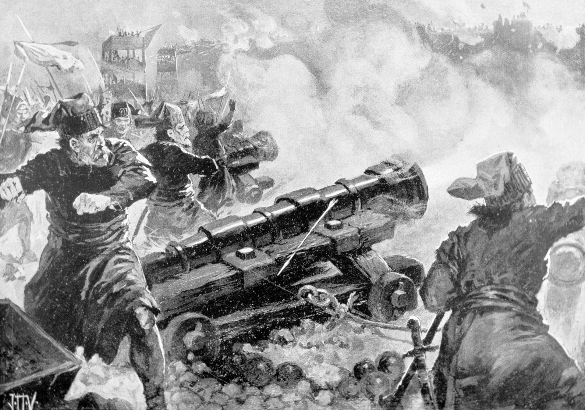 Turks blast away at the walls of Constantinople. The Turks had 200 cannon, including one 26 feet long.