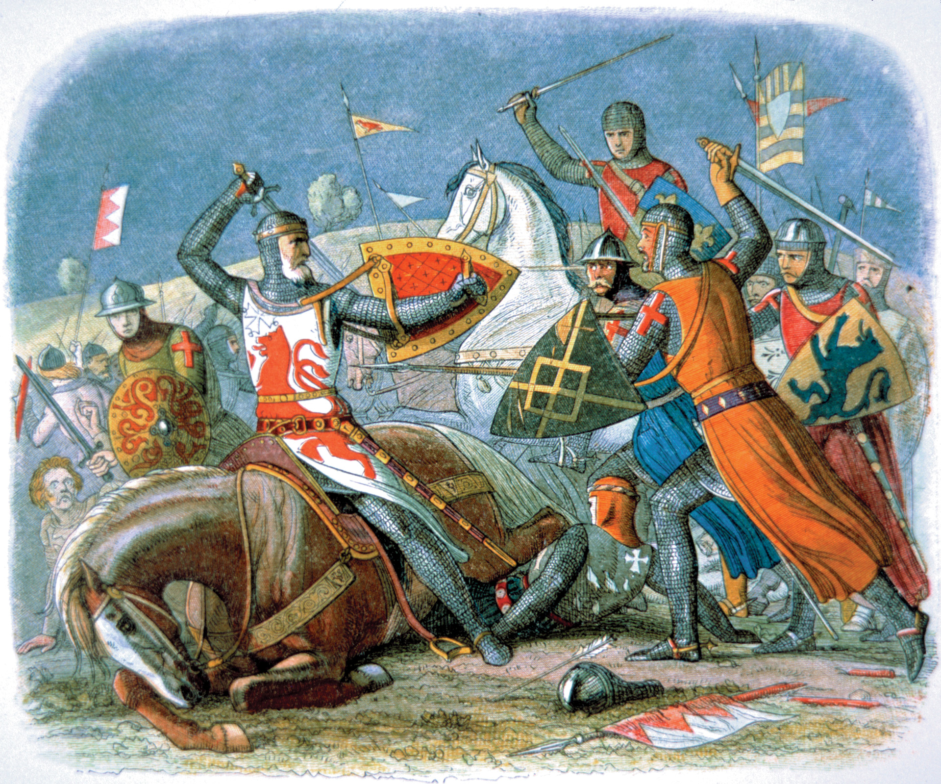 His horse crippled, Simon de Montfort nevertheless fights on against the Royalists closing in on him.  Simon had united the barons against the royal authority and he made reforms to the government, but some barons grew embittered of his rule and turned against him.  