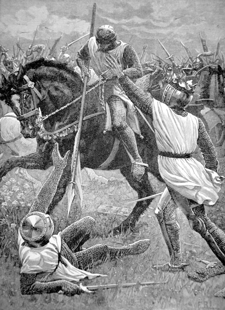 Prince Edward, crown on his helmet, rushes to aid his father. Henry was in peril during much of the battle that was to restore him to the throne. At one point, some of his own men mistook him for a member of the baronial army and he had to persuade them he was their king. 