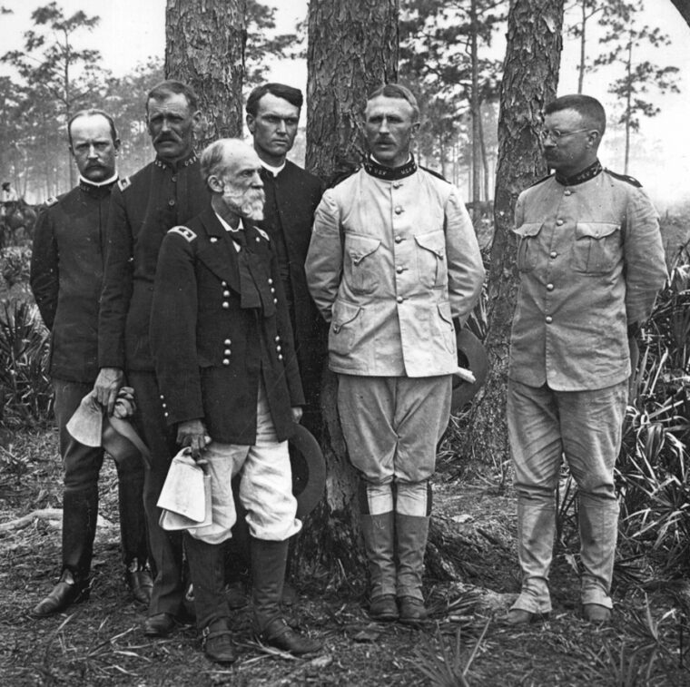 Major General Joseph Wheeler in Tampa with officers of the Rough Riders, including Majors George Dunn and Alexander Brodie, Chaplain Henry Brown, Col. Leonard Wood and Lt. Col. Theodore Roosevelt.