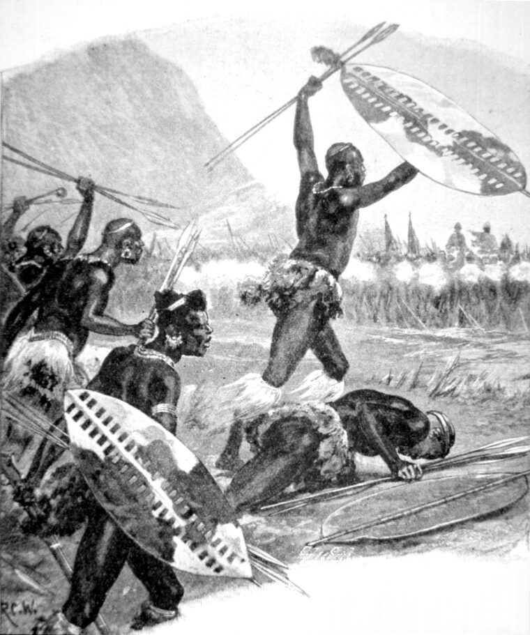 Zulus, armed with their spears and shields, mass against the British riflemen.