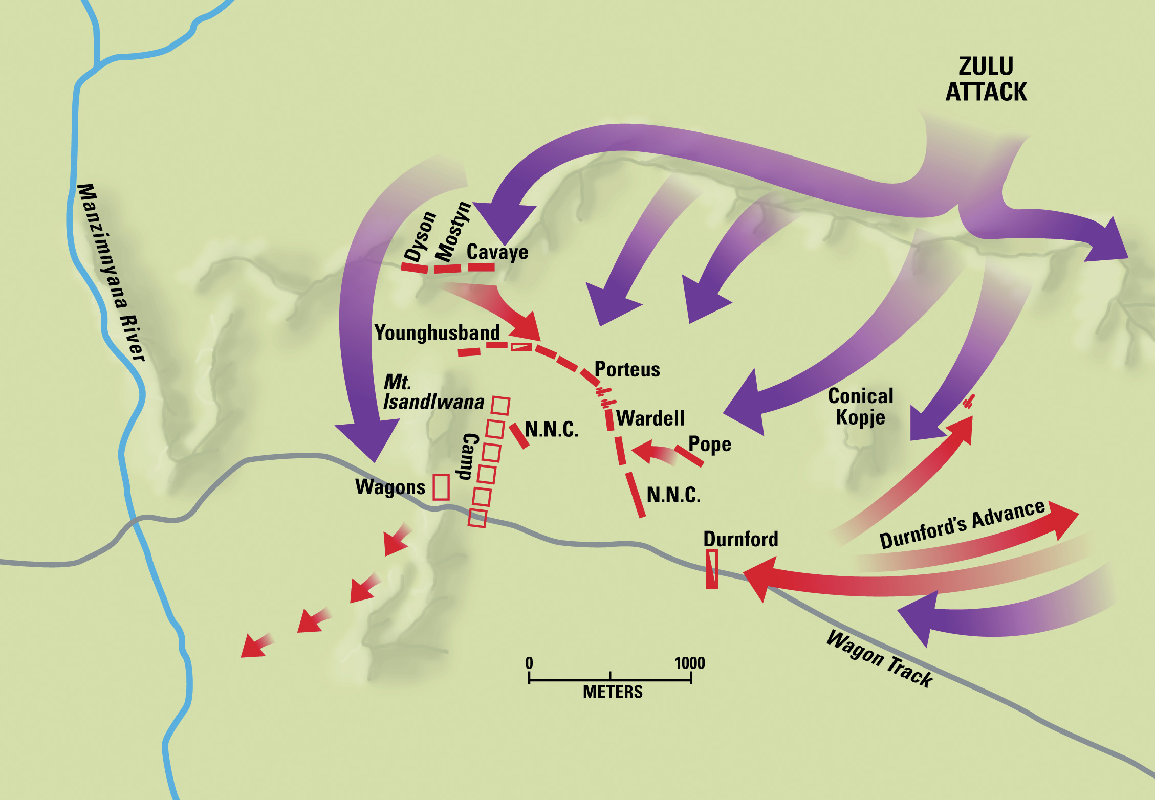 The Zulu regiments were unseen by the British until they swarmed out of cover and attacked the camp. The British were forced back into an increasingly small defensive perimeter.