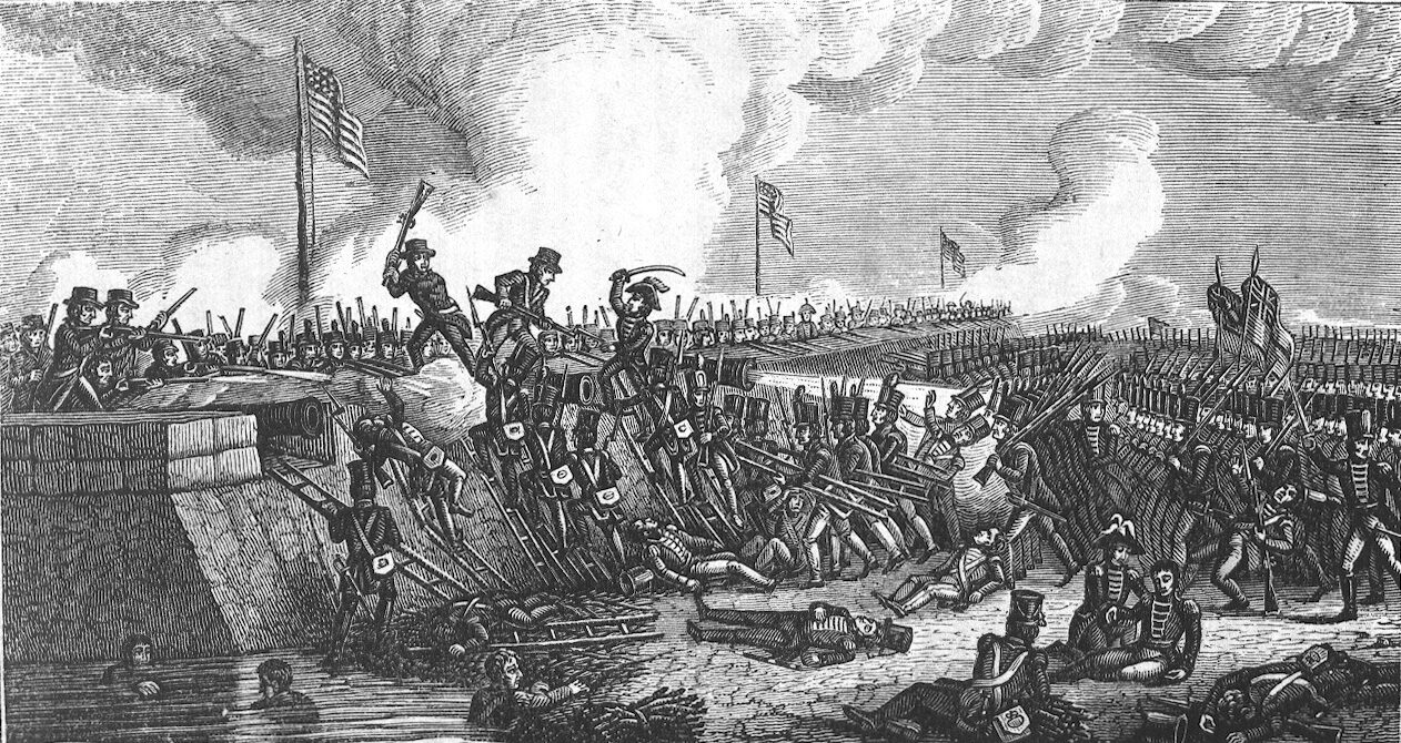 The British are here shown attacking the American redoubt on the American right, or river, side of their line.