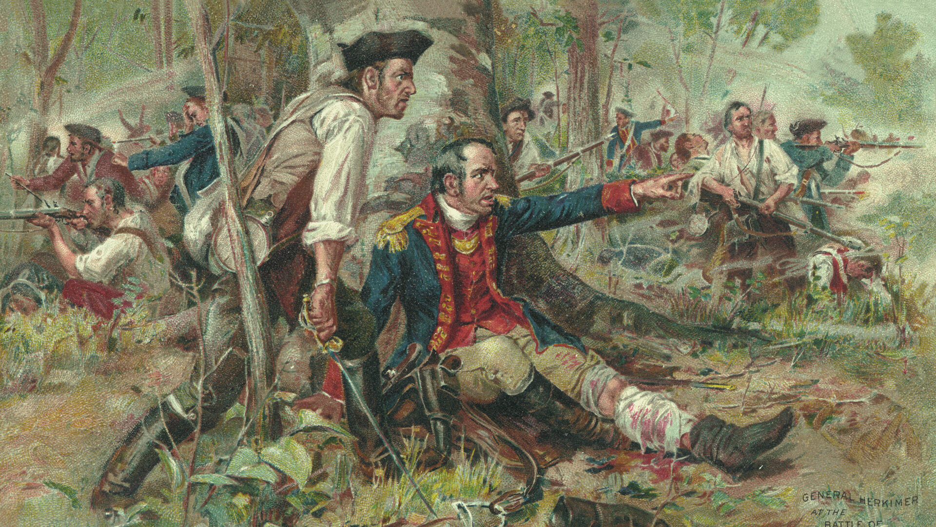 Determined to defend the Mohawk Valley, patriots under General Nicholas Herkimer fight back at Indians and Tories ambushing them in the wilderness. The wounded Herkimer commanded from under a tree as the battle raged hour after hour.