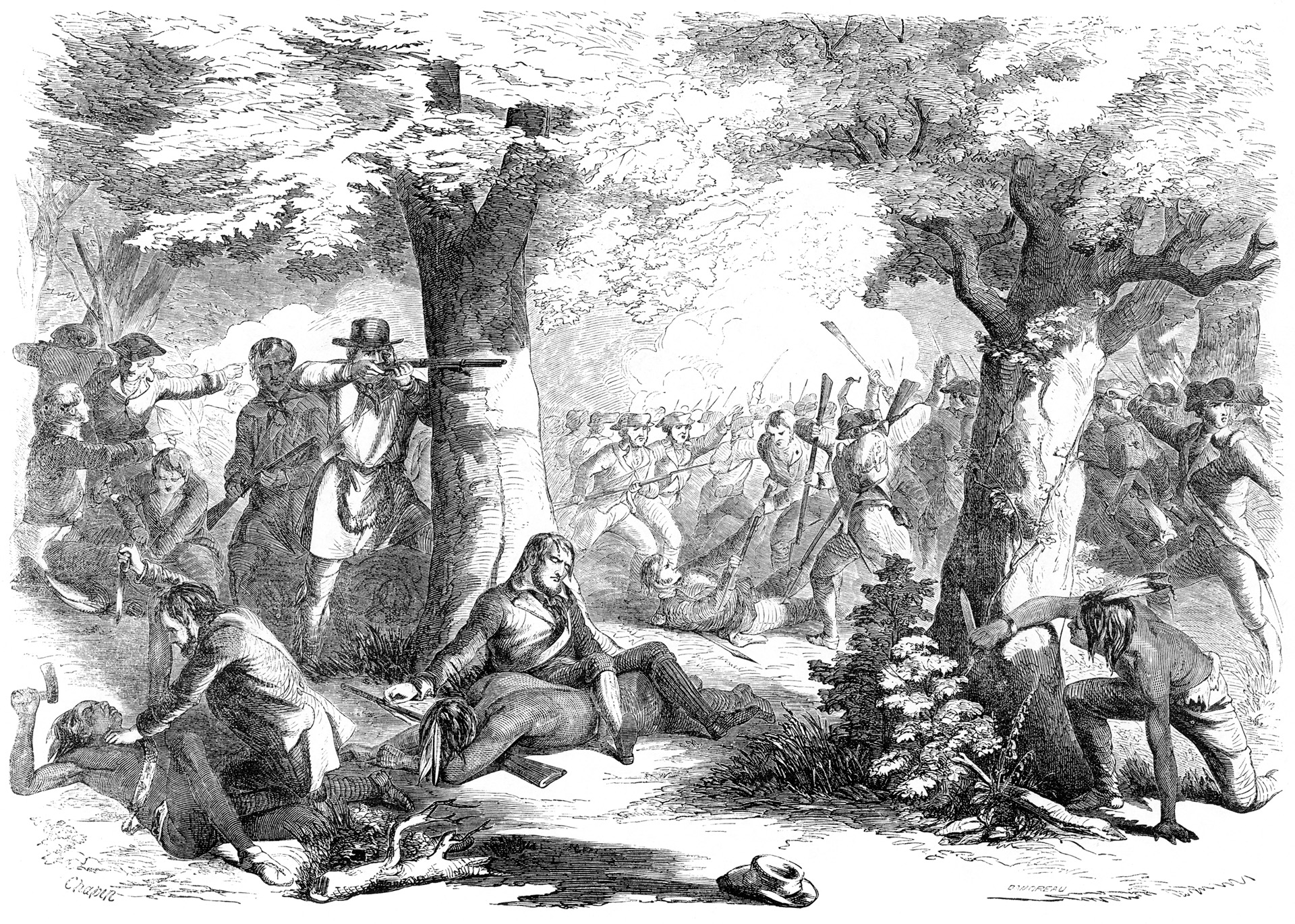 Herkimer, shown wounded in the center, directs his troops with the fighting very close and all around him. At times, neighbors fought neighbors in a conflict neither side wanted to quit.