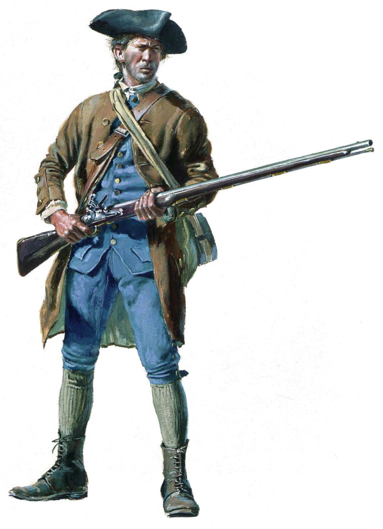 This militiaman wears civilian clothing and is armed with a British smoothbore musket. He carries a cartridge box over his left shoulder, and canteen and haversack over his right. Painting by Don Troiani.