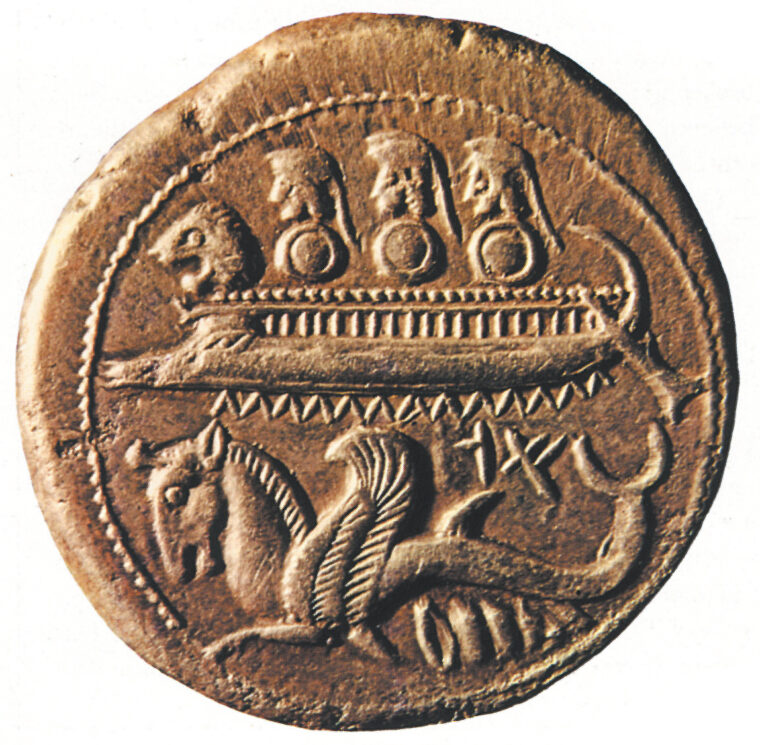 A ship and soldiers are depicted on a Phoenician coin. 