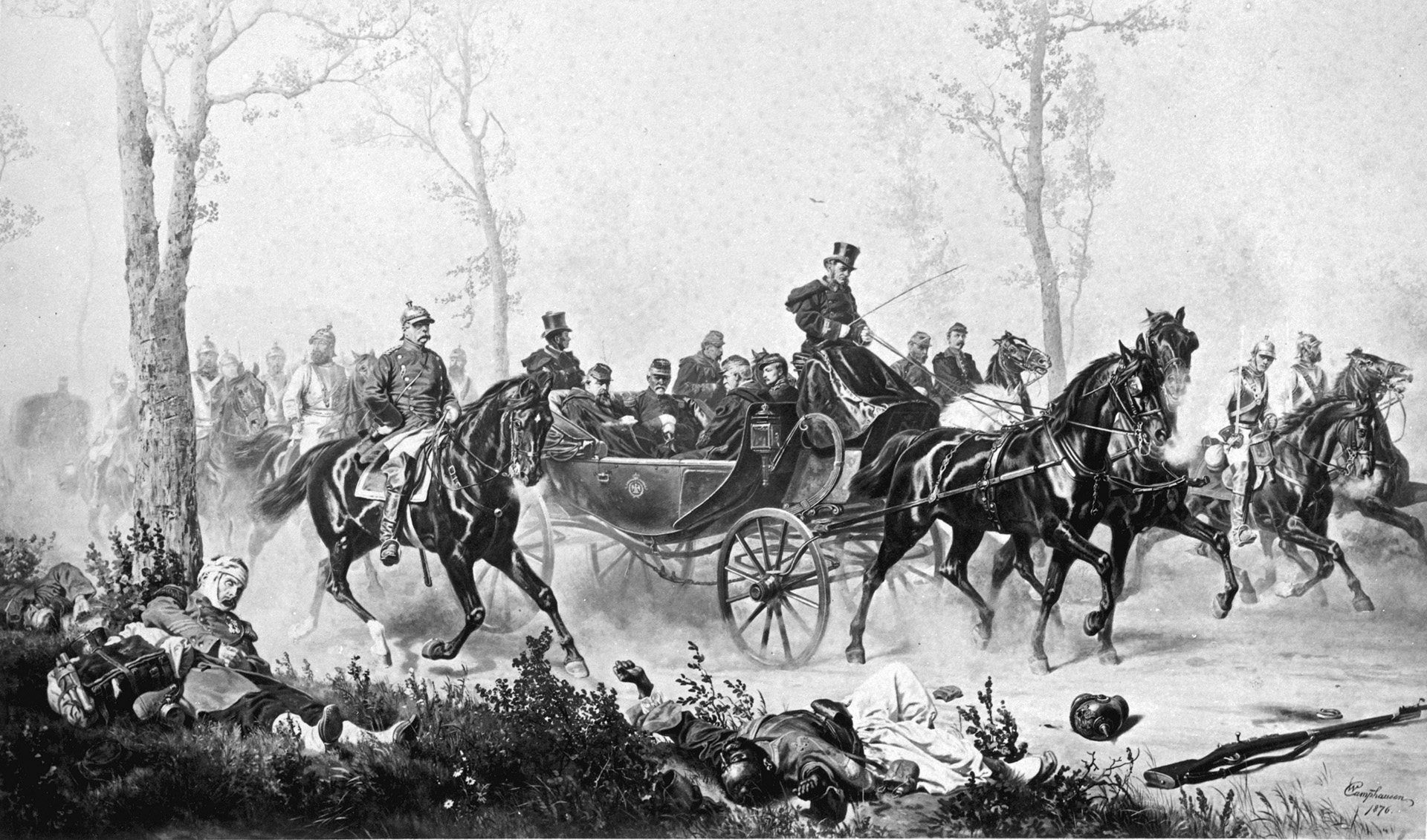Bismarck, on horseback, meets with Napoleon III. Bismarck would not allow Napoleon to meet with Kaiser Wilhelm until Napoleon had completely surrendered the entire French Army. 