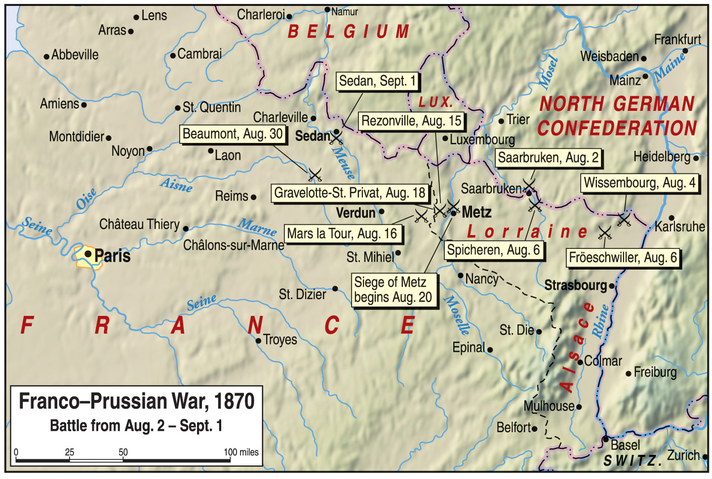 The Franco-Prussian War largely played out along the northeastern border of France south of Luxembourg.