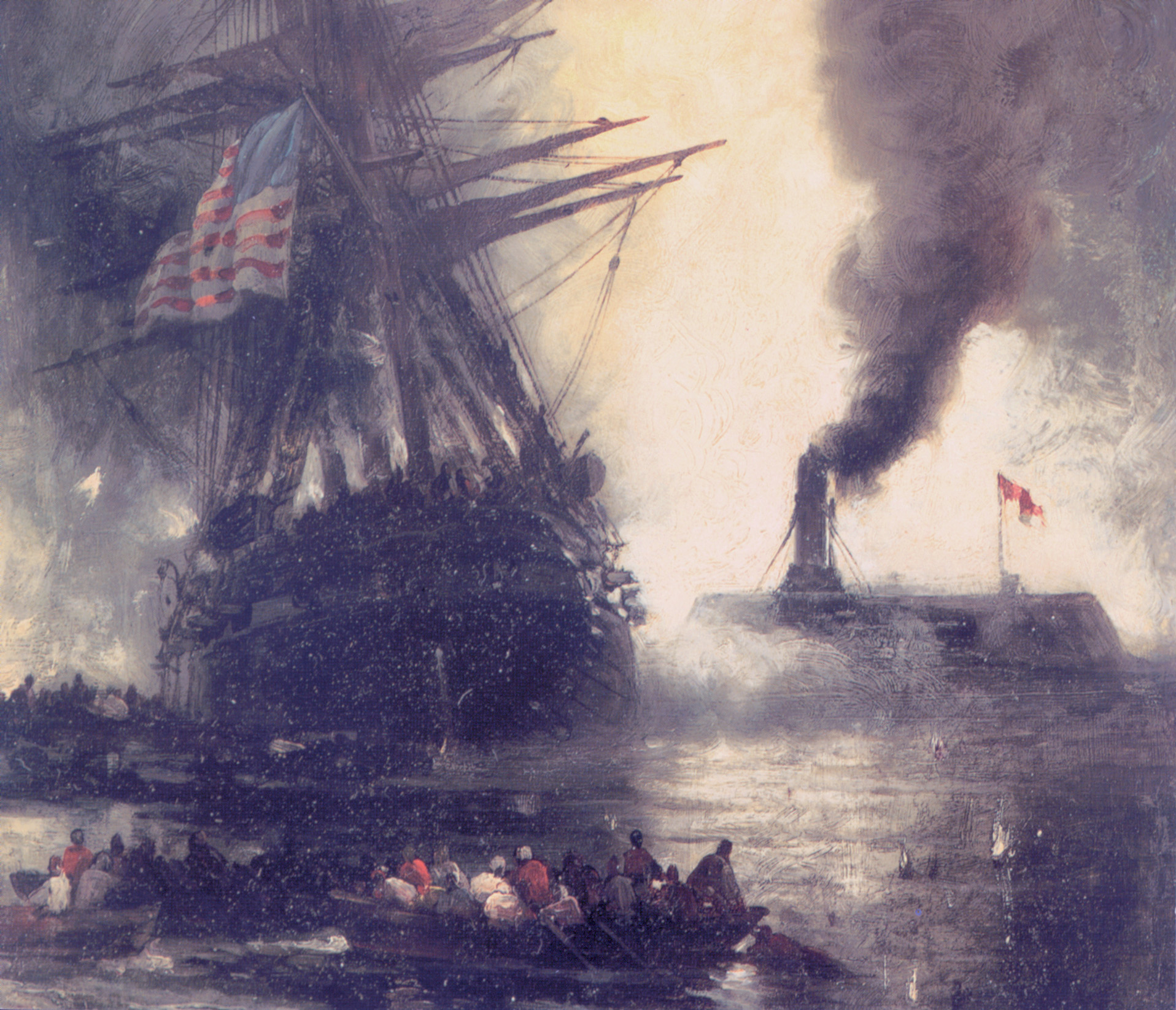 The CSS Virginia blasts the USS Cumberland. John Wood was a major factor in the Virginia’s  success.  Throughout the war he used scarce resources to advantage for the Confederate cause.  