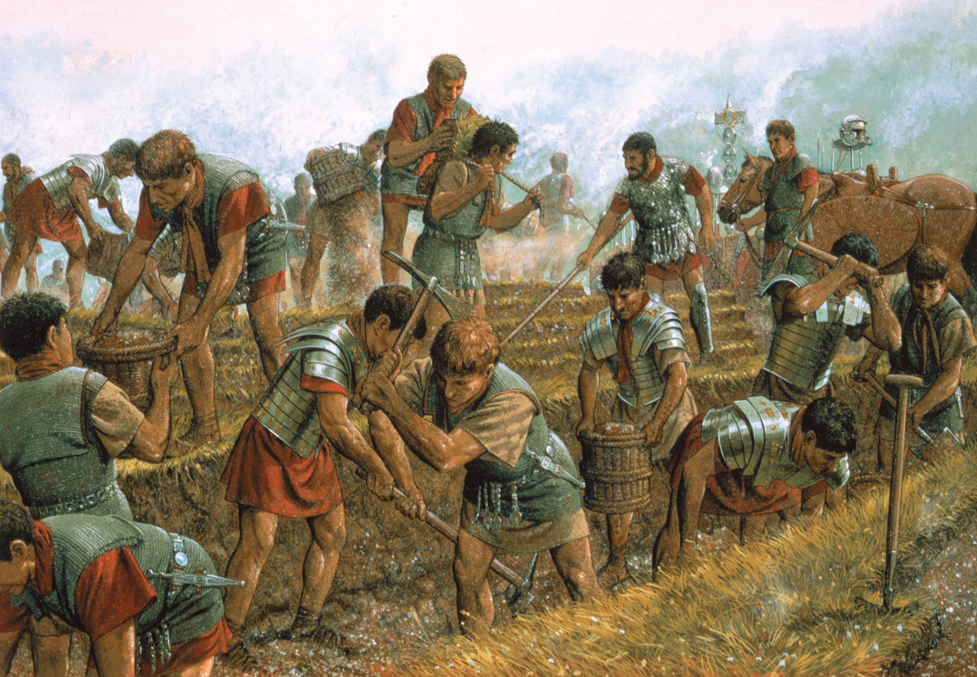 Romans end their march of the day by building a fortified camp surrounded by a ditch. No camp was ever overwhelmed in the Gallic or Civil Wars.
