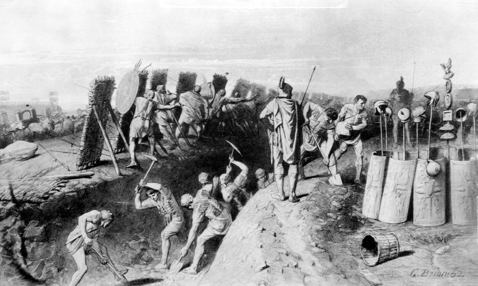 A group of Romans dig a defensive trench while their compatriots fend off attackers.