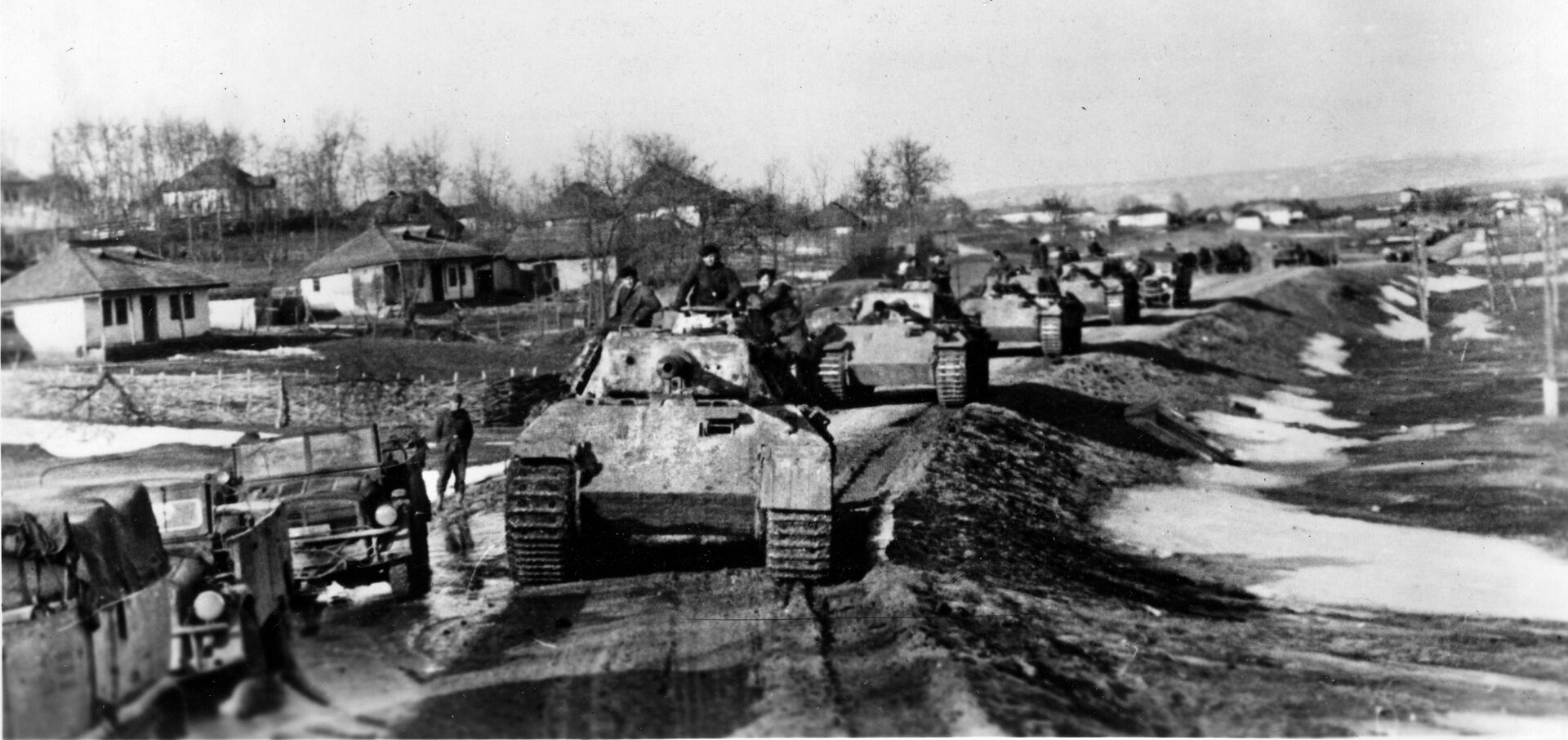 A column of Panzer V “Panther” tanks of the "Grossdeutschland" Panzer Division rolls across Romania near Jassy, spring 1944. The division’s armored regiment, which was one of Germany’s finest remaining combat formations, distinguished itself in the early days of the fighting, and fought tenaciously against often overwhelming Soviet strength.  Keeping control of Romania’s oil fields was essential to Hitler. 