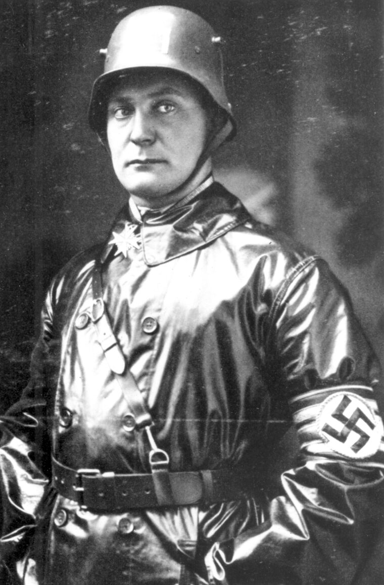 Wearing the coveted Pour le Merite, popularly known as the Blue Max, at his throat, Göring poses in the role of head of the SA, or Brownshirts.