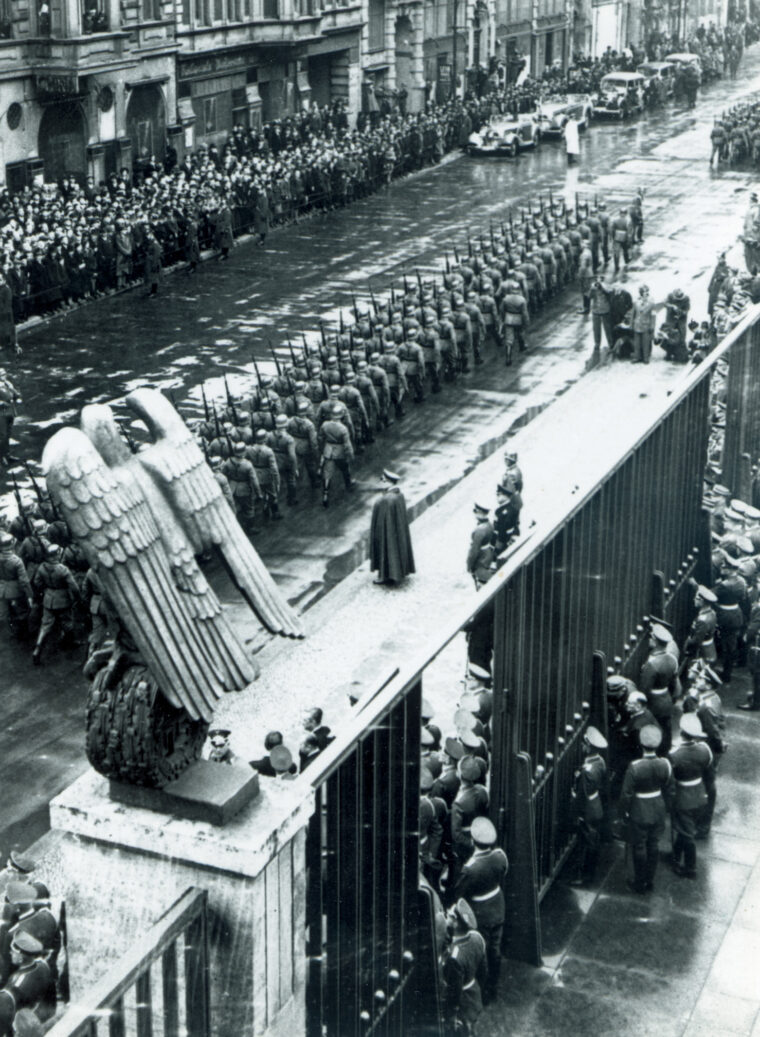 As the highest ranking officer in the German armed forces, Göring reviews a parade outside the House of Fliers in Berlin on March 1, 1938.
