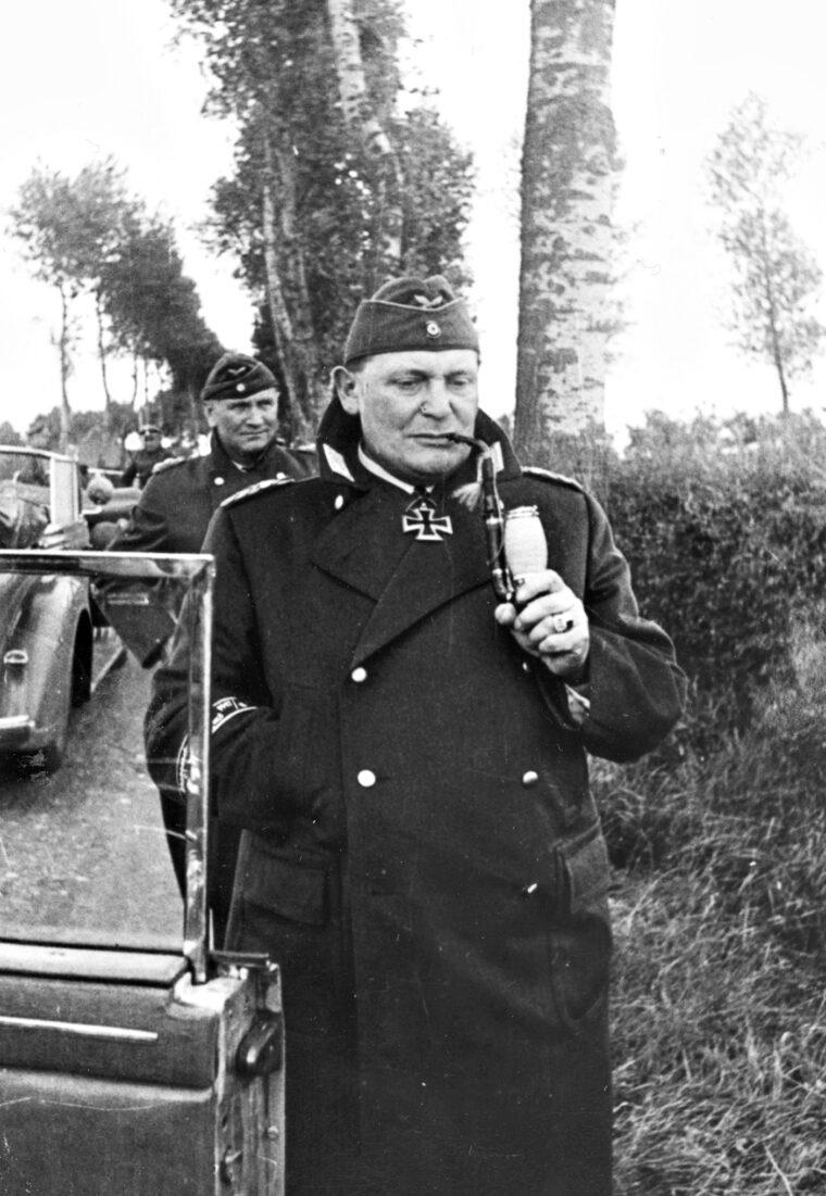Accompanied by an old friend, General Bruno Loerzer, the Reich Marshal visits 
Luftwaffe Air Fleet II on September 9, 1940, during the Battle of Britain.
