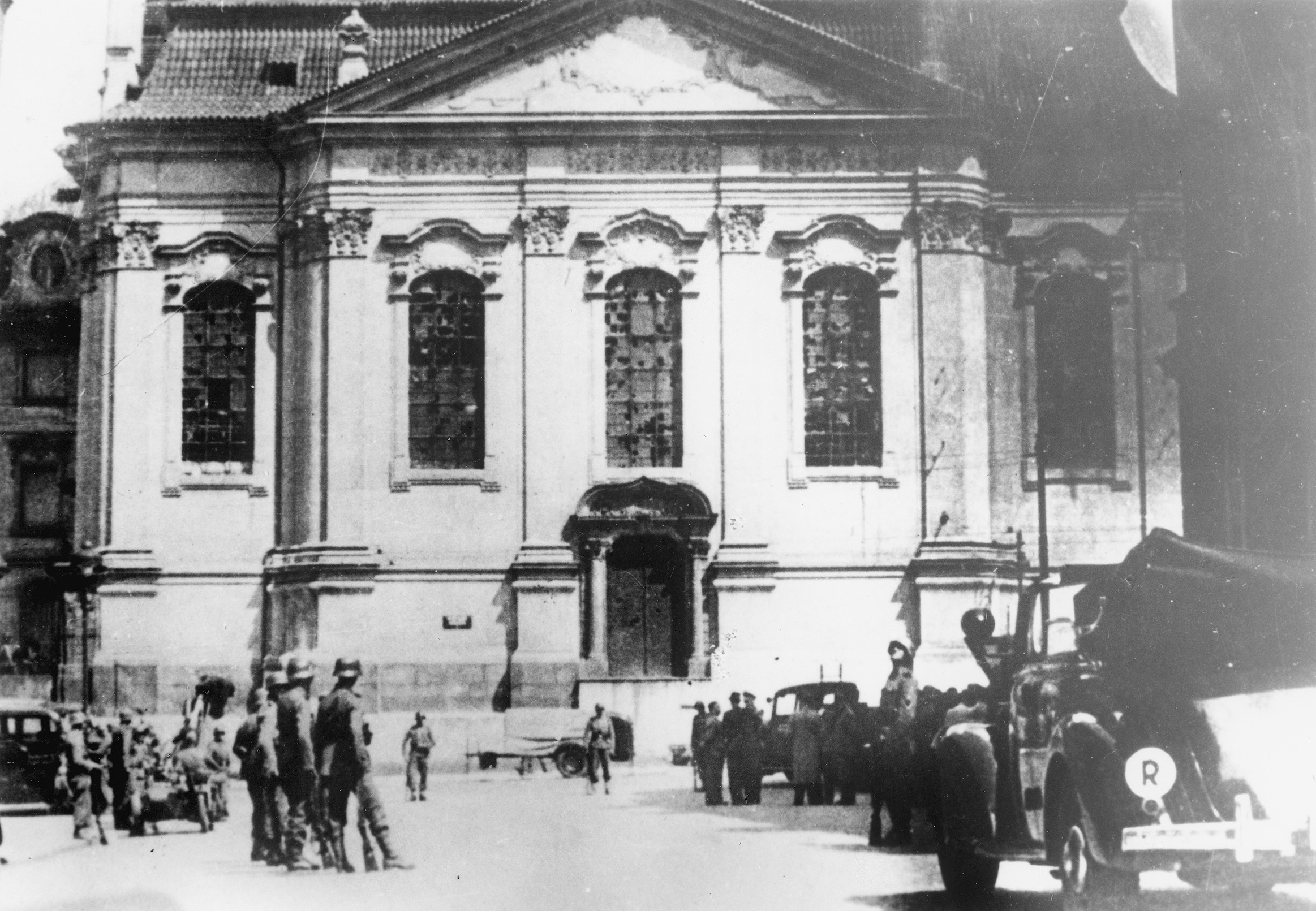 German soldiers surround the Church of St. Cyril and St. Methodus in Prague where they have cornered eight Czech parachutists linked to the assassination of Heydrich.