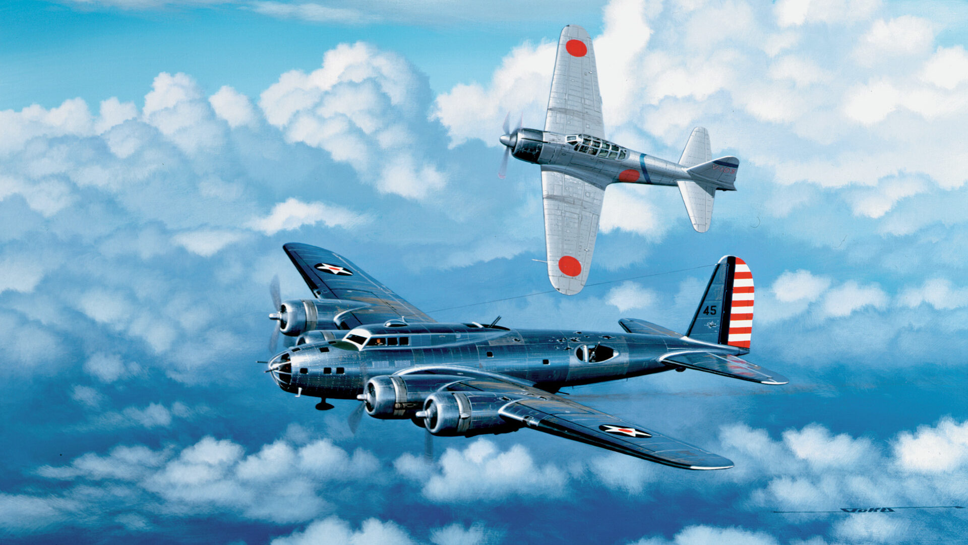 The B-17 bomber flown by Captain Colin P. Kelly, Jr., is shadowed by a Zero piloted by famed Japanese ace Saburo Sakai, who shot Kelly down on December 10, 1941.