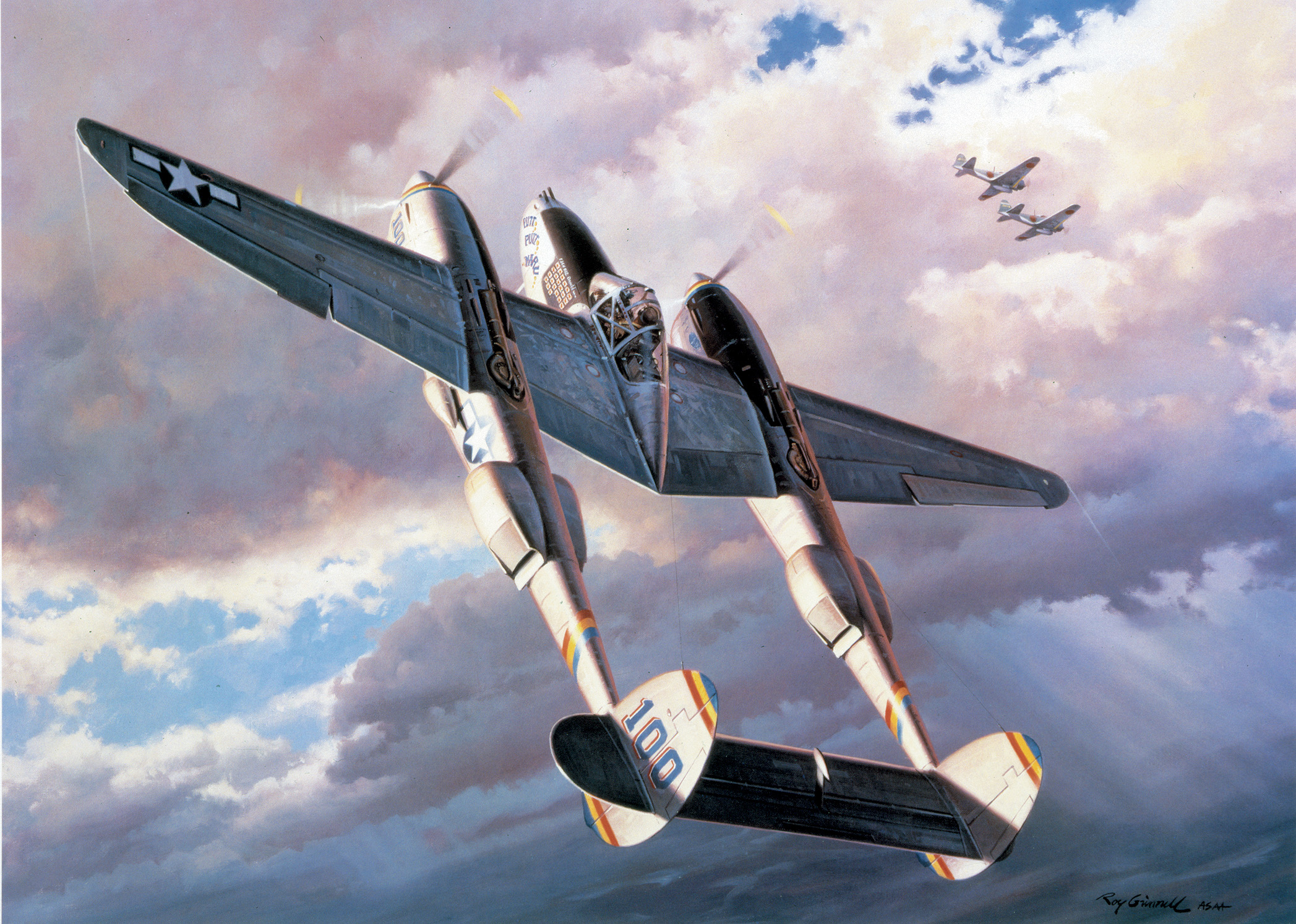 In Roy Grinnell’s “Danger Lightning” a Lockheed P-38 fighter gains altitude to confront high-flying Japanese aircraft. The Lightning was the first Allied fighter to seriously challenge Japanese domination of the skies in the Pacific.