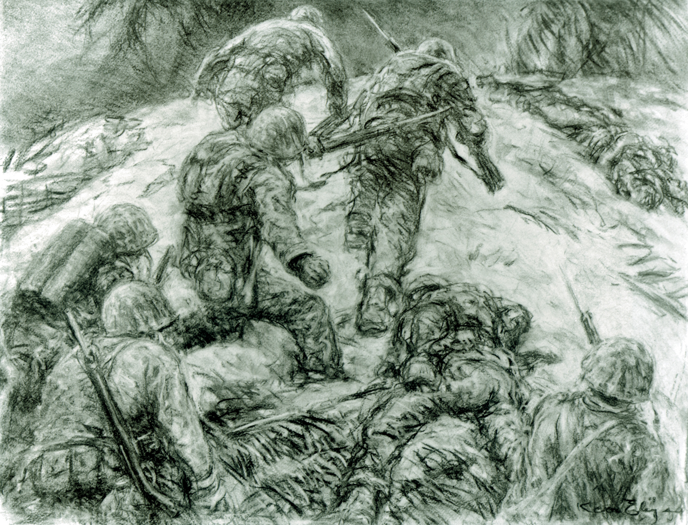 In “Marines Fall Forward” by Kerr Eby, Leathernecks storm a Japanese pillbox during the bitter 76 hours of fighting on the islet of Betio. The capture of Tarawa provided valuable lessons for future amphibious landings in the Pacific.